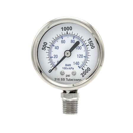 Pro 2 in Dial, 0/2000 PSI & Bar, 1/4 in NPT, Lower Mount Dry/Fillable Pressure Gauge PRO-301D-204O-01